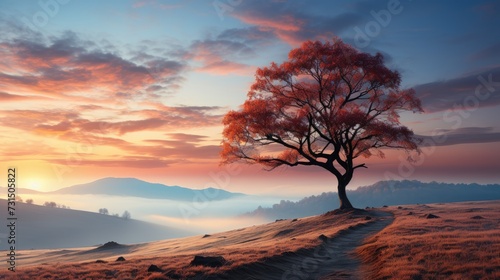 Solitary Tree Against Fiery Sunset Sky on Misty Hillside © _veiksme_