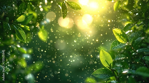 Background with green leaves and water drops at sunset