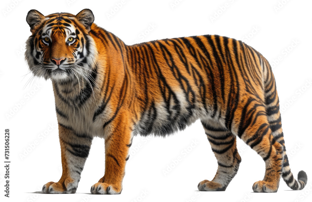 Majestic adult tiger standing isolated on white background, side view, wildlife concept.