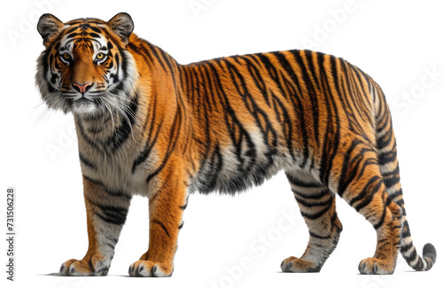 Majestic adult tiger standing isolated on white background  side view  wildlife concept.