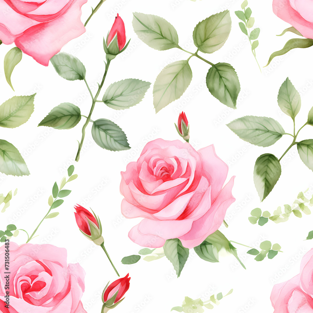 Watercolor cute rose flowers and green leaves on white isolated background. Seasonal floral seamless pattern for print.