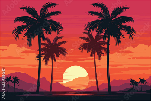 Palm trees silhouettes on tropical summer beach, Sunset on the beach