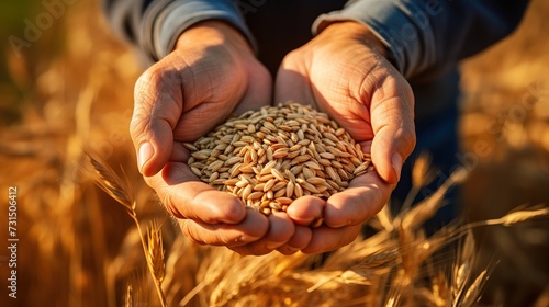 Close-up of the hands of a farmer holding a handful of wheat grains in a wheat field. Agricultural and harvest concept © Mas