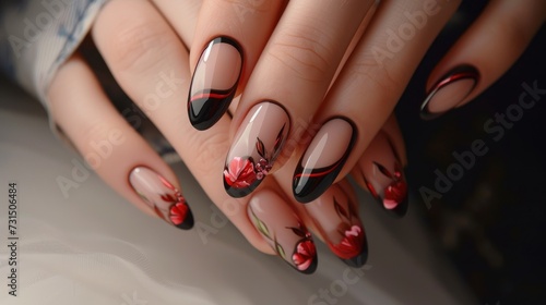 Elegant Hand with Black and Pink Crystal Embellished Nails.
