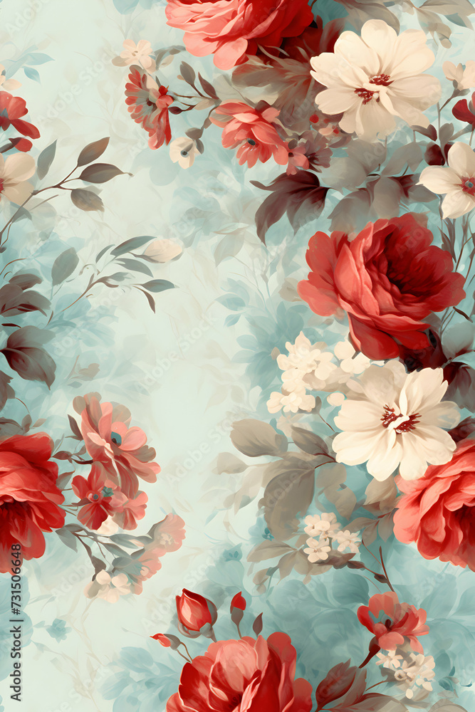 Rose garden pattern with blue red colors. Seamless graphic design, painting for fabric or card invitation, wallpaper art Rose garden pattern with blue red colors. Seamless graphic design, painting for fabric or card invitation, wallpaper art