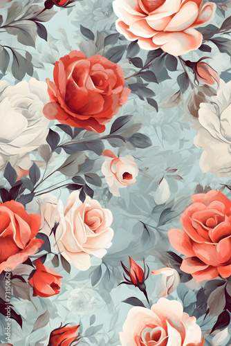 Rose garden in vintage style, beautiful repeat pattern with red and white flowers