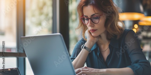 Thinking  laptop and typing business woman  bank consultant or working on research report  project or solution. Computer  administration analysis and professional person reading online account data