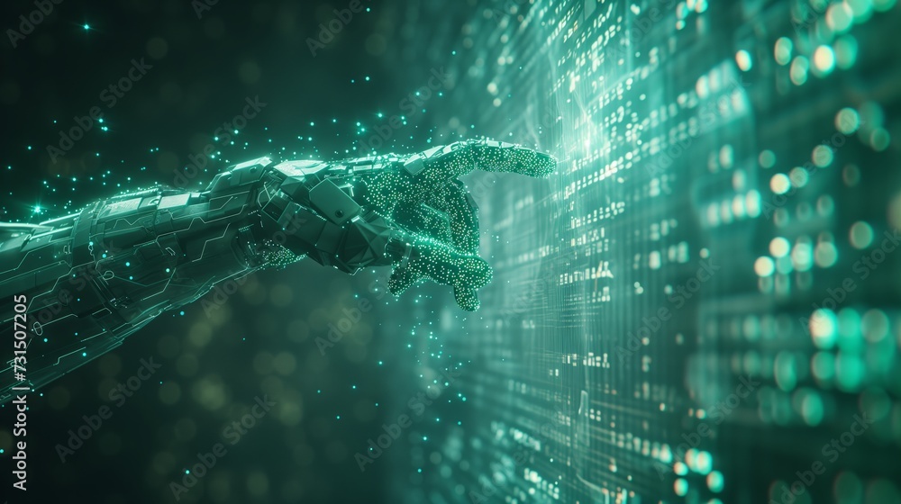 Digital robot hand pointing at a holographic screen wall of data stream Digital robot hand pointing at a holographic screen wall of data stream