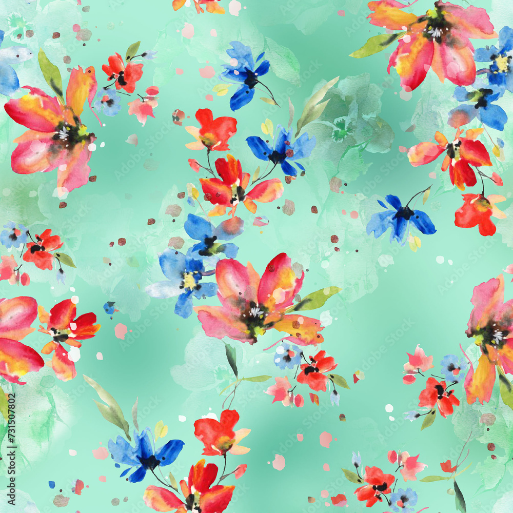Vector pattern with flowers and plants. Watercolor floral illustration. Seamless pattern.