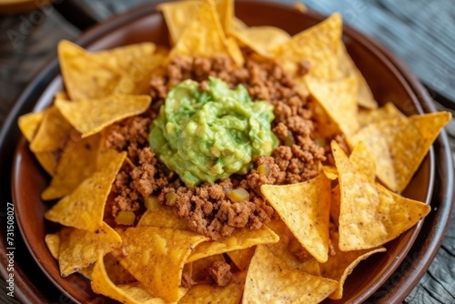 Nachos with ground beef and guacamole