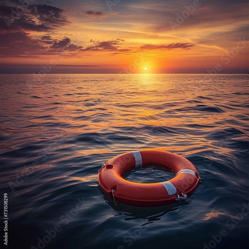 Lifebuoy Floating on Open Sea at Sunset. Rescue, Safety and Hope Concept © MUmar