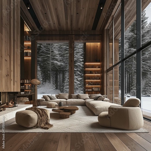Modern luxury wooden cabin with majestic snowy forest. The interior of a modern living room designed with a minimalist style