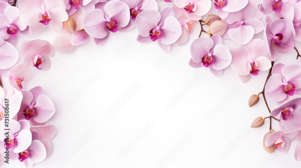 Frame of orchid flowers on a white background. An invitation or a postcard for a holiday. Frame of orchid flowers on a white background. An invitation or a postcard for a holiday.