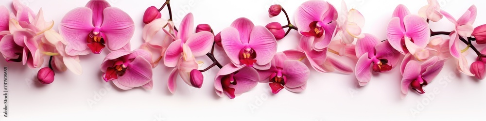 Obraz premium A banner of orchid flowers on a white background. An invitation or a postcard for a holiday.