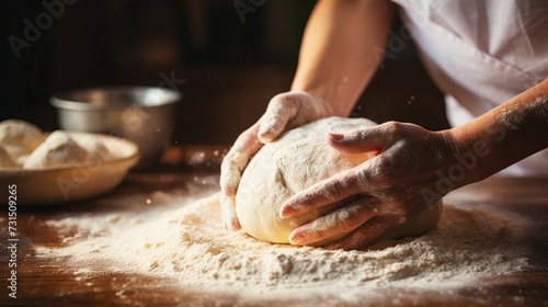 Bakery or homemade bread in process, chef woman in apron kneading dough for bread