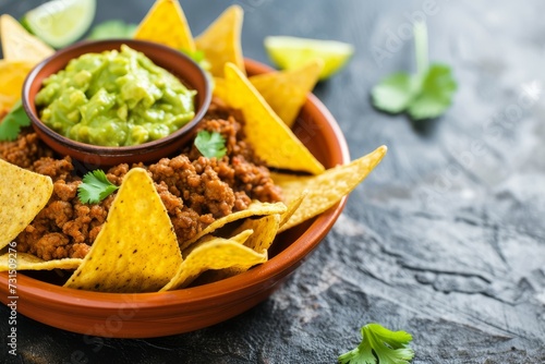 Nachos with ground beef and guacamole