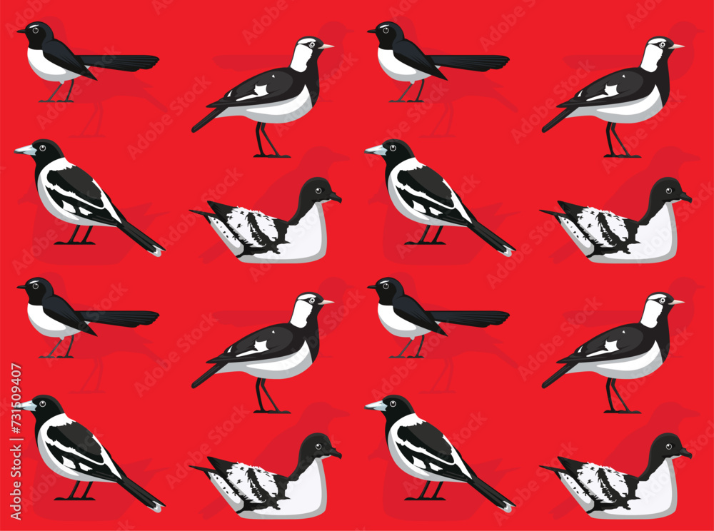 Fototapeta premium Bird Wagtail Magpie Lark Petrel Black and White Cute Seamless Wallpaper Background