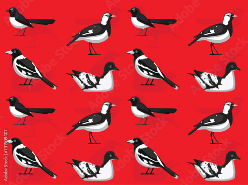 Bird Wagtail Magpie Lark Petrel Black and White Cute Seamless Wallpaper Background