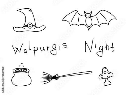 Doodle set is a Walpurgis Night celebration. Broom,fly agaric,bat,Potion pot, witch hat