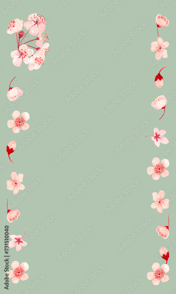 Watercolor hand drawn pink sakura flower vertical frame on pastel green background Watercolor hand drawn pink sakura flower vertical frame on pastel green background