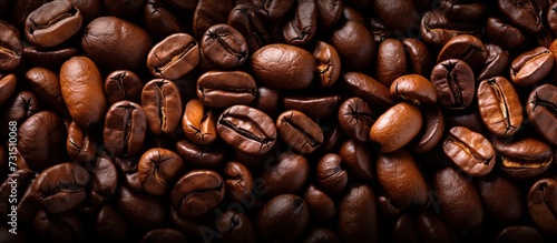 Close-up of roasted coffee bean background, top view and flat.