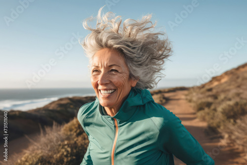 Older female doing sport to keep fit. Mature woman running along outdoors. Concept of healthy living in the elderly.