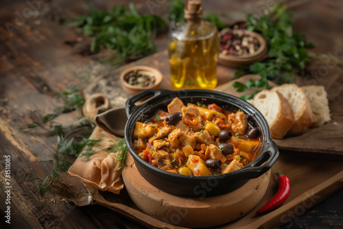 Calos a la madrilena, Tripes de Madrid en français, ragoût de tripes de bœuf, chorizo et piments et olives noires, en fond une table en bois et des ingrédients autour de la marmite.