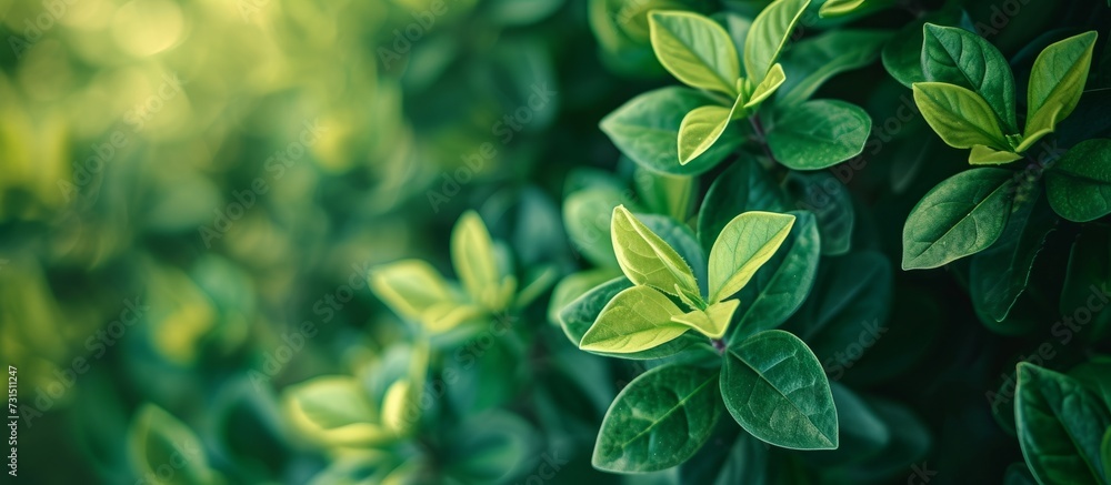 A macro photograph capturing the intricate details of green leaves on a shrub, a type of terrestrial plant.
