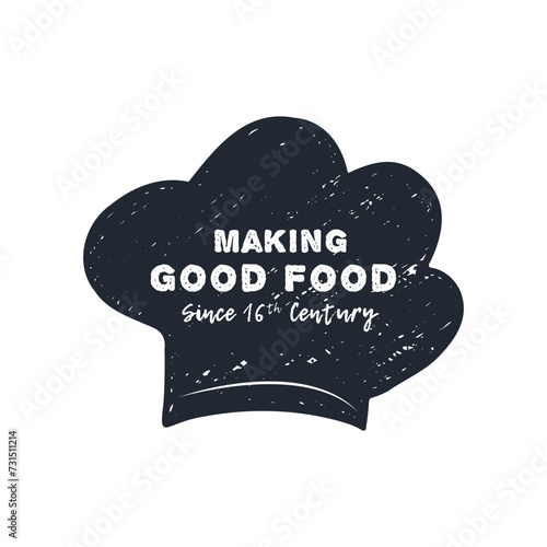 Chef de cuisine chef hat or cap logo concept. Hand drawn textured grunge vector illustration. Chef kitchen drawing cap concept.