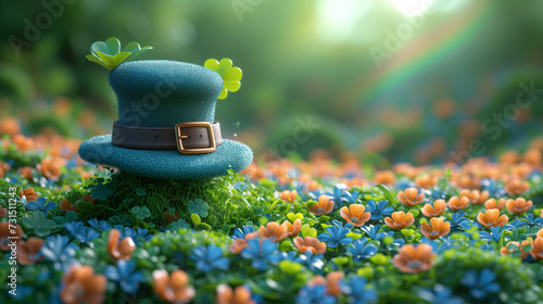 Leprechaun hat decorated with a clover sprouting on top sits surrounded by a colorful field of shamrock leaves.