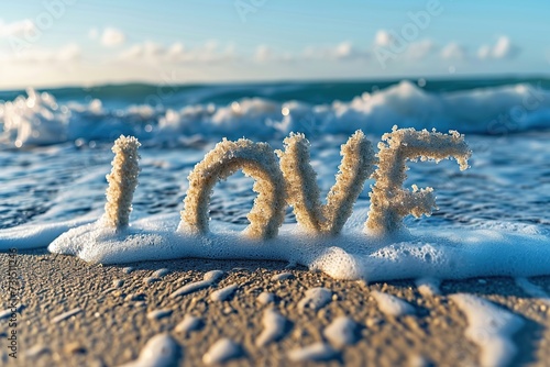 The word LOVE written on the waves of the seashore © Mas
