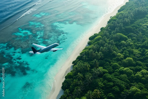 Commercial Airline Gliding Above a Tropical Paradise, Promise of Escape