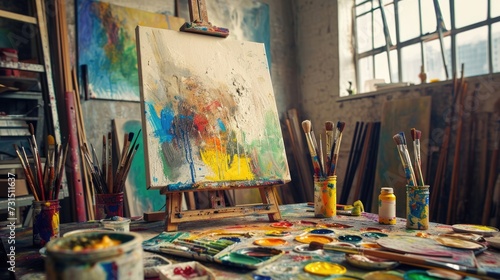 An artist s studio in full creative chaos  paint splattered everywhere  canvases in various stages of completion  vibrant colors clashing and blending. Resplendent.