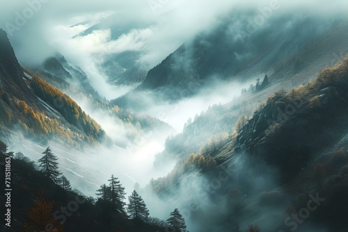 Misty mountain valley under ethereal light, peaceful and surreal nature scenery. ideal for mindfulness and backgrounds. tranquil landscape photo. AI