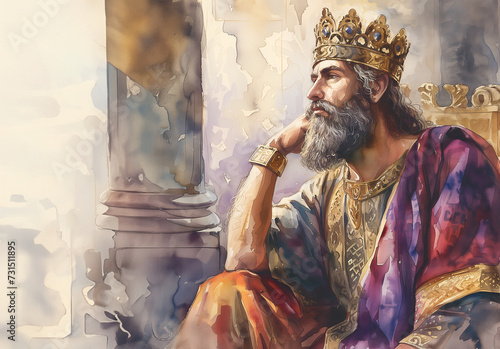 Roi Salomon assis sur son trône avec sa couronne sur la tête regardant à l'extérieur du Temple de Salomon. Illustration biblique de l' Ancien Testament à l'aquarelle