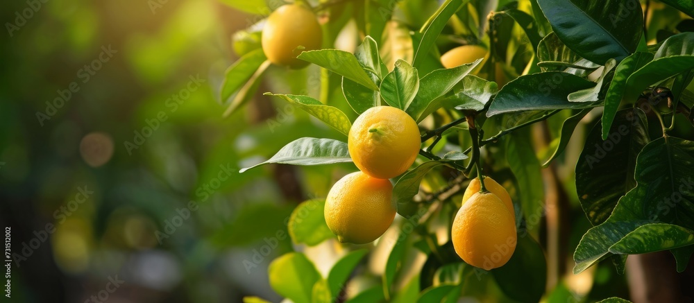 A tree bearing a bunch of yellow lemons, a fruit of the citrus family, is a natural food produced by a flowering plant.