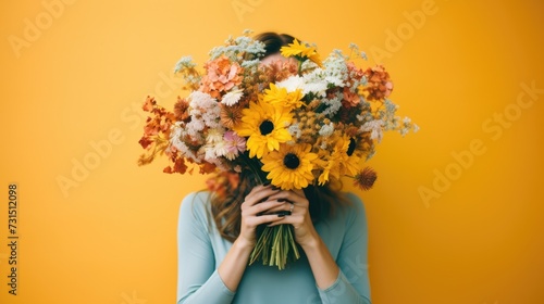 A young attractive woman with a beautiful bouquet of flowers covers her face against a bright background. The concept of a holiday, a gift for Valentine's Day and Women's Day.