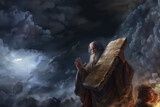 Moïse tenant les tables de la Loi, contenant les 10 commandements, décalogue, donnés par Dieu et gravés par lui, remises dans l'Arche d'Alliance, durant l'Exode. Bible chrétienne