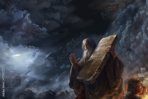 Moïse tenant les tables de la Loi, contenant les 10 commandements, décalogue, donnés par Dieu et gravés par lui, remises dans l'Arche d'Alliance, durant l'Exode. Bible chrétienne photo