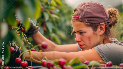 Young woman working on cherry picking on a sustainable farm. international environment day