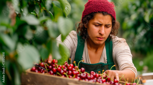 Young woman working on cherry picking on a sustainable farm. international environment day