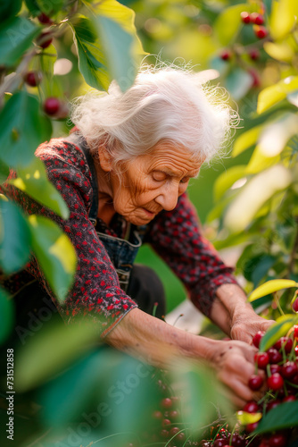 Elderly woman working on cherry picking on a sustainable farm. Organic farming