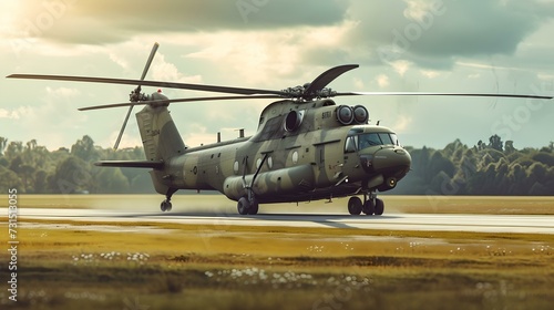 Military helicopter landing on airstrip during golden hour. dual-rotor aircraft, modern aviation, powerful transport machine. AI