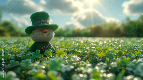 Cheerful cute cartoon character with a Leprechaun costume sits in a lush field of clovers under a sunlit sky.