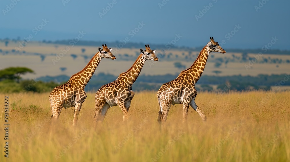Fototapeta premium Three giraffes roaming the serene african savannah. wildlife in natural habitat, captured in bright daylight. perfect for nature-themed projects. AI