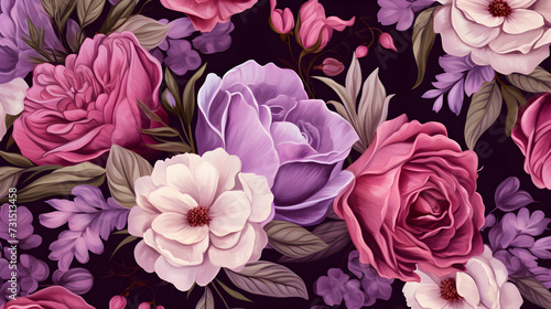 Spring flowers and leaves, hand drawn background, floral pattern, wallpaper or fabric, flower rose, botanic invitation card