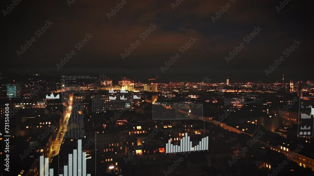 Forwards fly above blocks of residential buildings in large city. Illuminated streets and buildings in evening. Vienna, Austria. Added augmented reality visual effects Forwards fly above blocks of residential buildings in large city. Illuminated streets and buildings in evening. Vienna, Austria. Added augmented reality visual effects