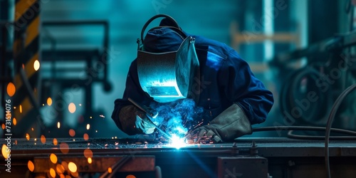 Skilled Welder works in a fabrication shop welding metal work - They are wearing protective Fire resistant clothing photo