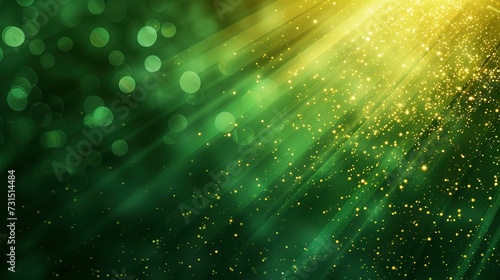 Asymmetric green light burst, abstract beautiful rays of lights on dark green background with the color of green and yellow, golden green sparkling backdrop with copy space