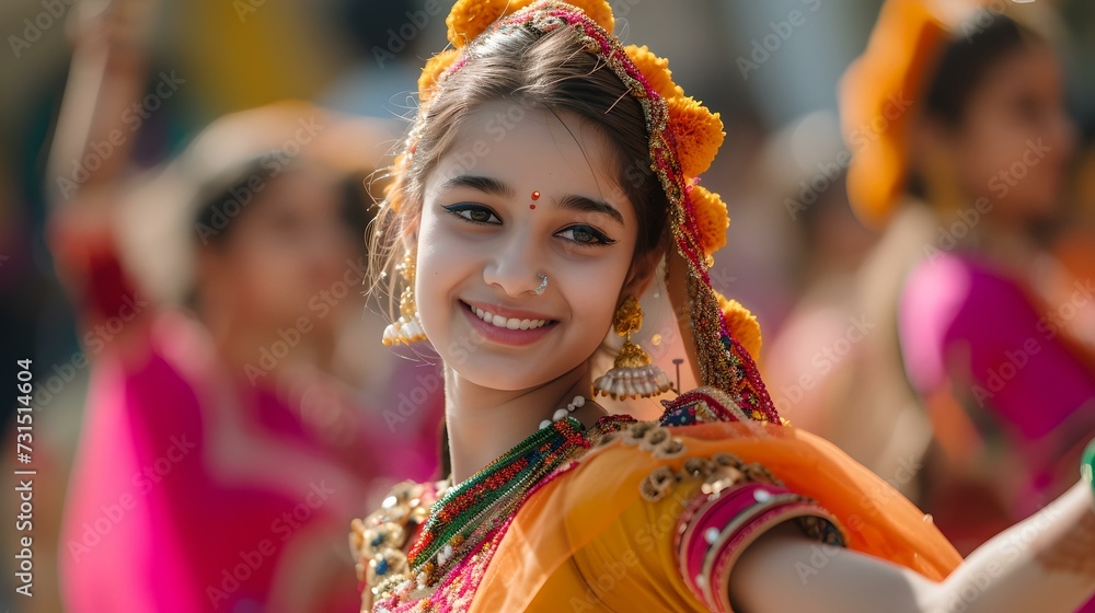 Young girl smiling in a traditional dance outfit, capturing the spirit of cultural festivals. vibrant and colorful portrait. AI